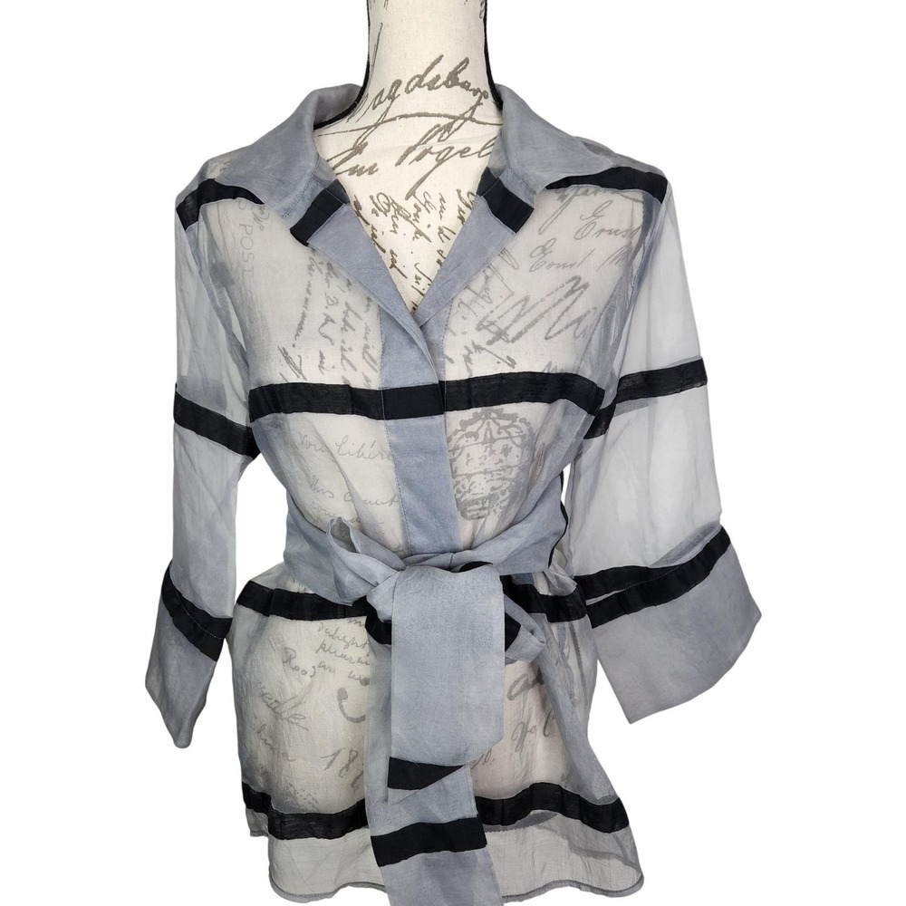 JARBO Sheer Shirt Womens 2 Gray‎ Black Stripe Belted Organza Blouse Lagenlook